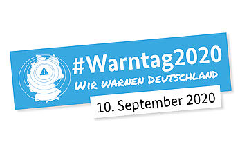 Blaues Logo #Warntag 2020 mit Deutschlandkarte, Warnzeichen und Aufschrift: Wir warnen Deutschland. 20. September 2020